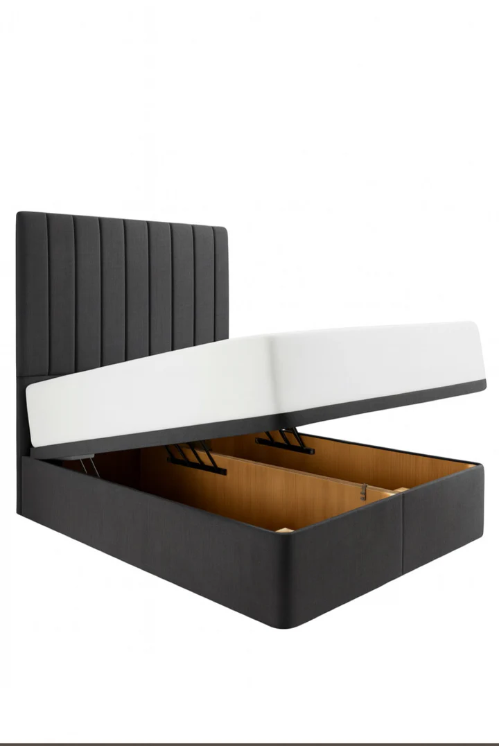Demo upholstered ottoman storage bed in a warm neutral finish