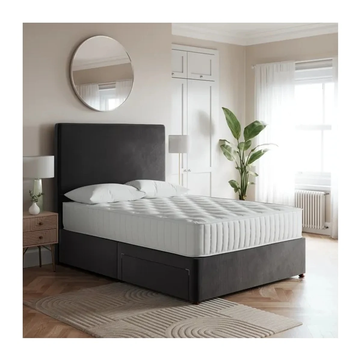 Modern charcoal grey divan bed with two storage drawers and matching headboard in a styled bedroom