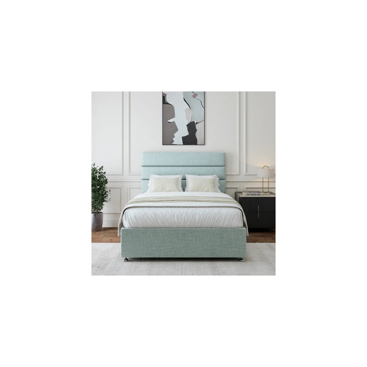 Duck egg blue upholstered divan bed with matching rectangular panel-style headboard.